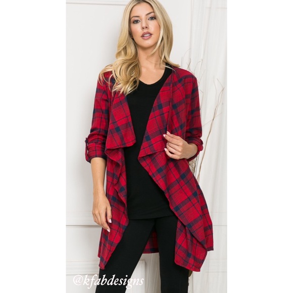 LAST! Soft Plaid Red Open Cardigan with Roll Up Sleeves! - Picture 2 of 8